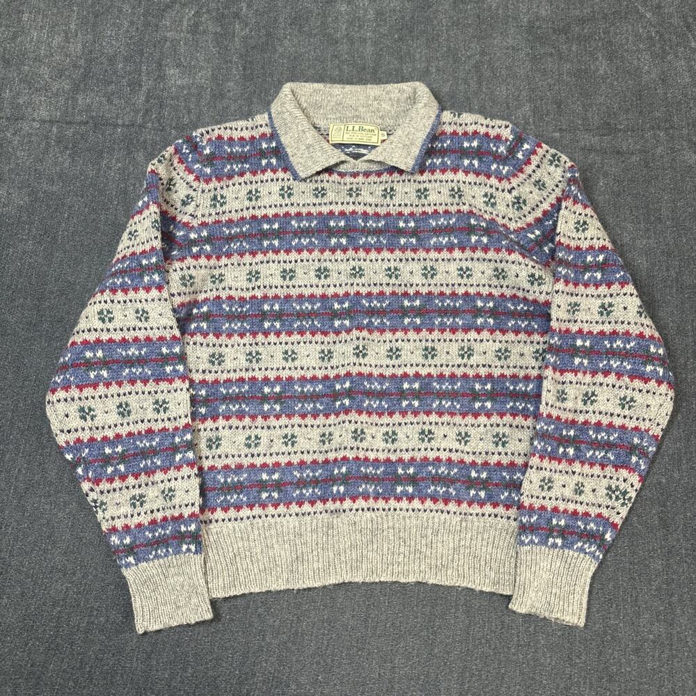L.L.Bean Fair Isle Ski 100% Wool Sweater Nordic Grey Crewneck Size Small